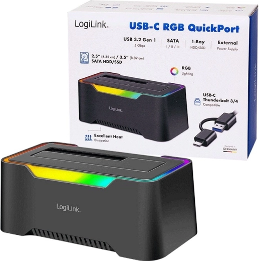 LogiLink USB‑C 3.2 Gen 1 Docking Station for 2.5"/3.5" SATA HDD/SSD with RGB