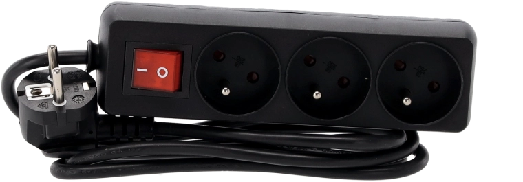 Surge-protected power strip with switch, 3 sockets, 1.5 m, black