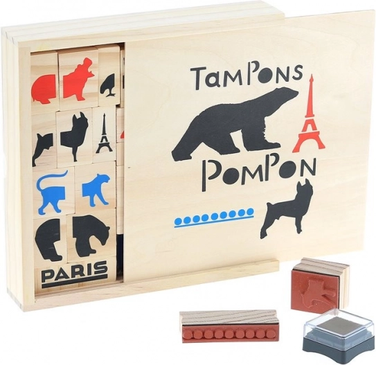 Wooden Stamps POMPON TOYS – creative set of 23 pcs with inks