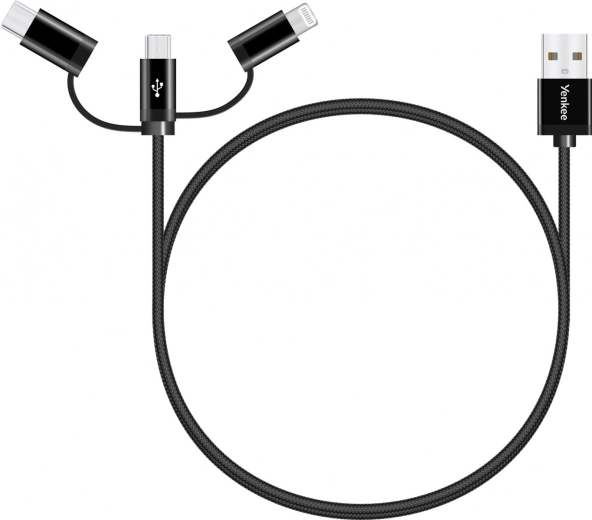 Universal 3-in-1 charging cable with USB-C, Micro USB and Lightning connectors