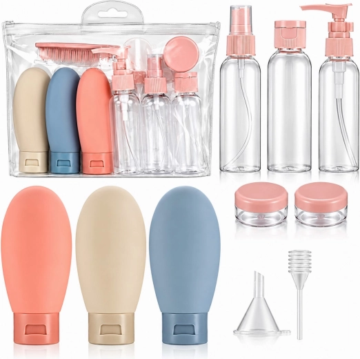 Travel set of refillable bottles and jars for carry-on cosmetics (12 pcs)