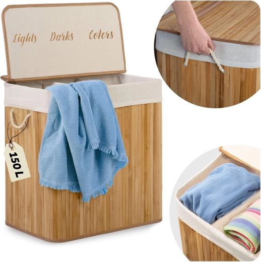 Bamboo Laundry Hamper 150 L with 3 Compartments and Lid MASSIDO