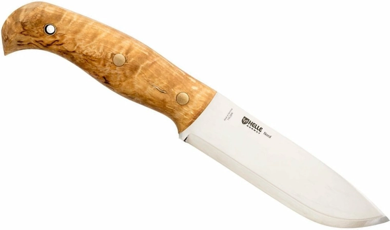 Helle Nord – outdoor knife 14.7 cm, curly birch, leather sheath