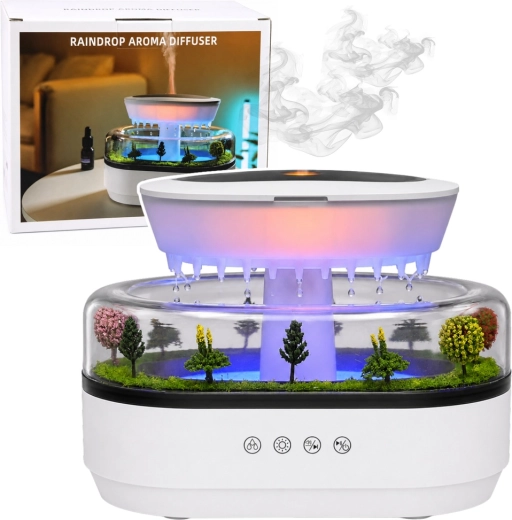Luchtbevochtiger en aromadiffuser met regeneffect en LED-verlichting