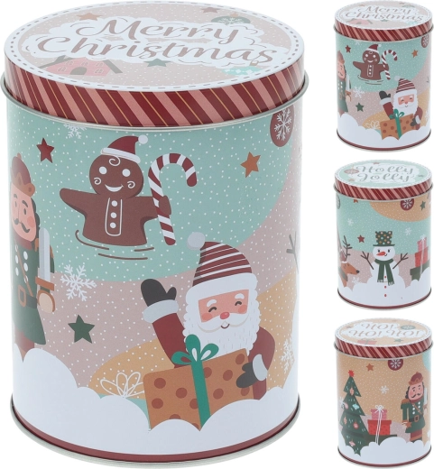 Boîte ronde en métal de Noël 10,5 × 14 cm – motifs assortis