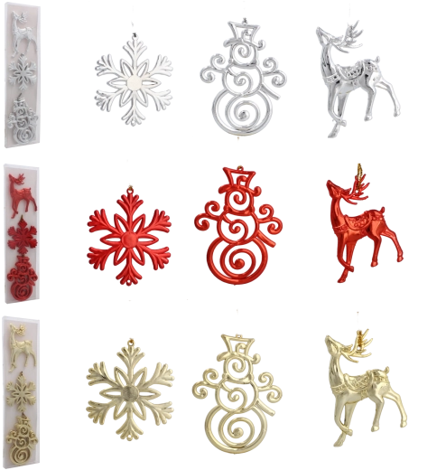 Set aus Weihnachtsbaumschmuck – Rentier, Schneeflocke und Schneemann, glänzender Farbmix