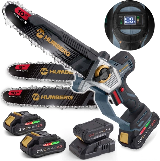 Accu mini kettingzaag Humberg 21 V met geleiders 10" en 8" (2× 2,0 Ah)