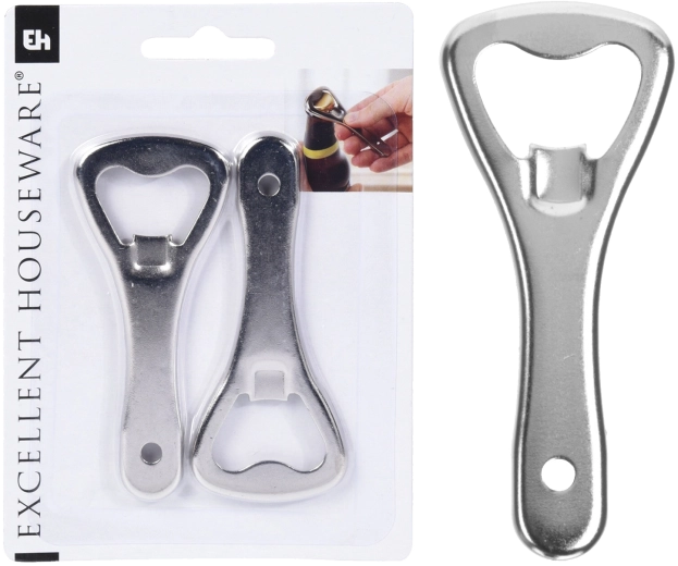 Set of two metal bottle openers 9 cm, silver