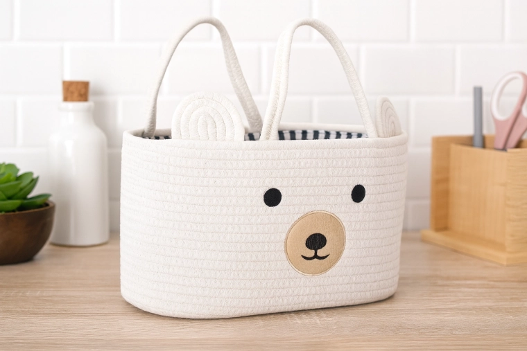 Witte textiele speelgoedmand in de vorm van een beertje met handgrepen 35 × 25 × 21 cm