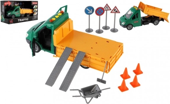 Plastic road maintenance truck with light and sound, friction powered, 30 cm