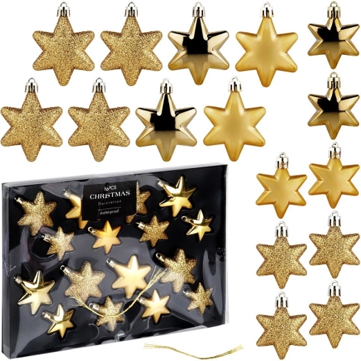 Set van gouden kerststerren, onbreekbaar, 16 stuks (5–6 cm)