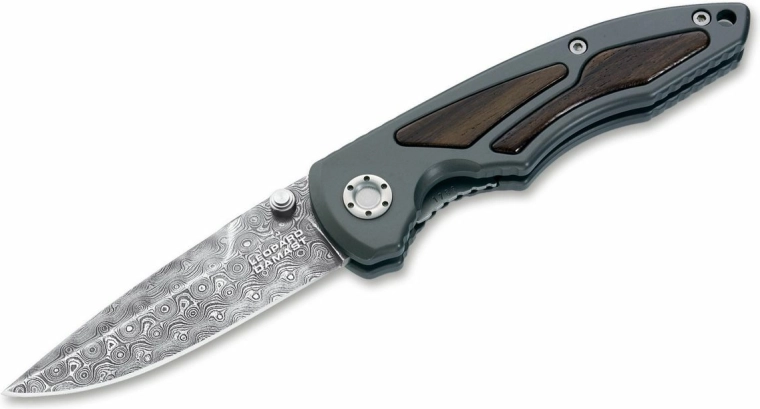 Couteau de poche de collection en acier damassé BÖKER MANUFAKTUR SOLINGEN Leopard-Damast I, aluminium et bois