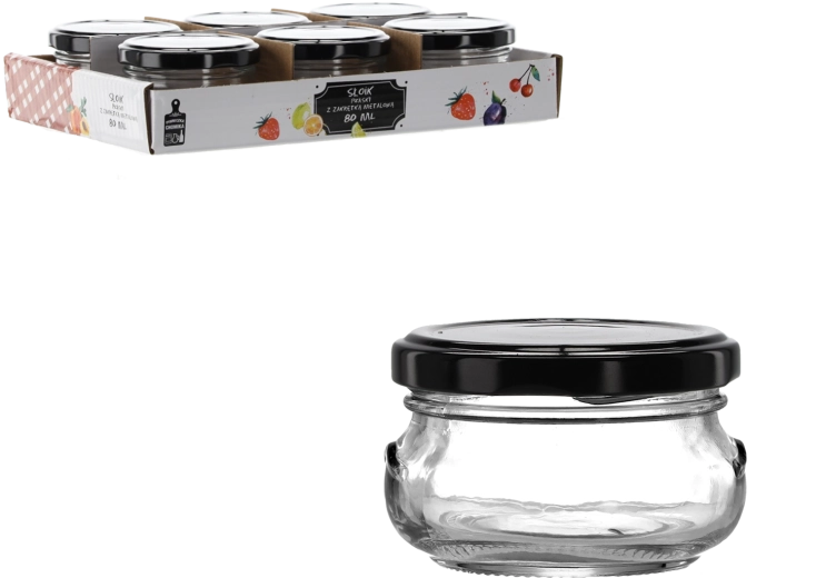 Bocal en verre 80 ml, forme plate avec couvercle métallique noir