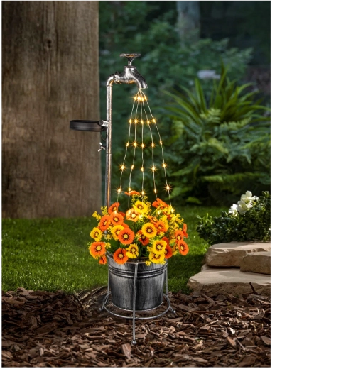 Solar garden lamp with faucet and flowerpot, 30 warm white LEDs, 60 cm
