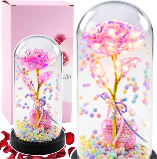 Ewige Rose unter einer Glaskuppel mit LED-Beleuchtung, rosa, mit Herz und bunten Kugeln