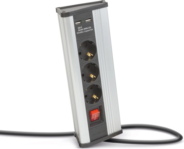 Hoekverlengdoos met schakelaar en USB-poorten, aluminium