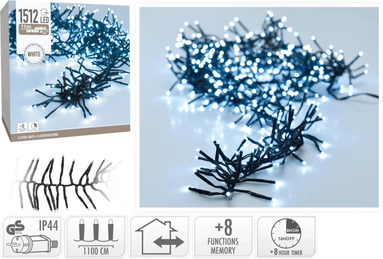 Guirlande lumineuse de Noël 11 m, 1512 LED, blanc froid, 8 fonctions, IP44, avec minuterie - 1 pièce