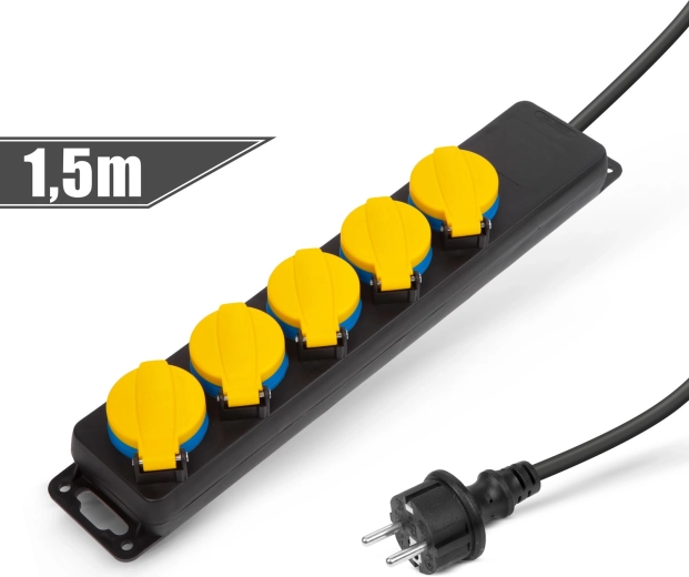 Buitenverlengsnoer met afdekking, 1,5 m, 5× 230 V, IP44