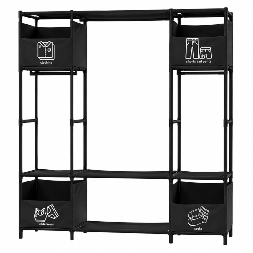 Open fabric wardrobe with shelves and clothes rails, black