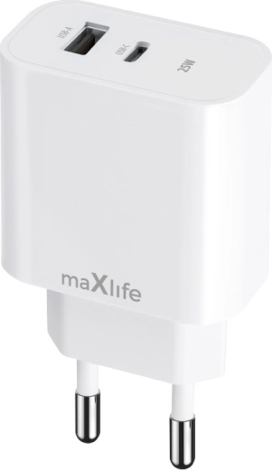 Maxlife 25 W wall charger with USB‑C and USB, white
