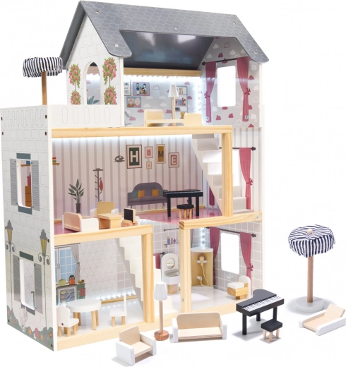 Maison de poupées en MDF, noire, 78 cm avec éclairage LED