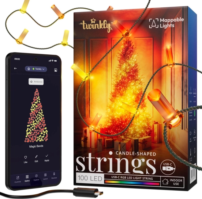 Intelligente decoratieve lichtjes Twinkly Candies USB-C 100 LED RGB, kaarsjes, groene kabel, 6 m