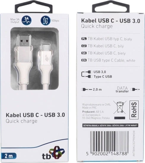 Câble USB 3.0 - USB C Blanc 2m PREMIUM 3A TPE