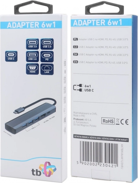 HUB USB-C adapter 6-in-1 - HDMI, 3x USB, PD, RJ-45