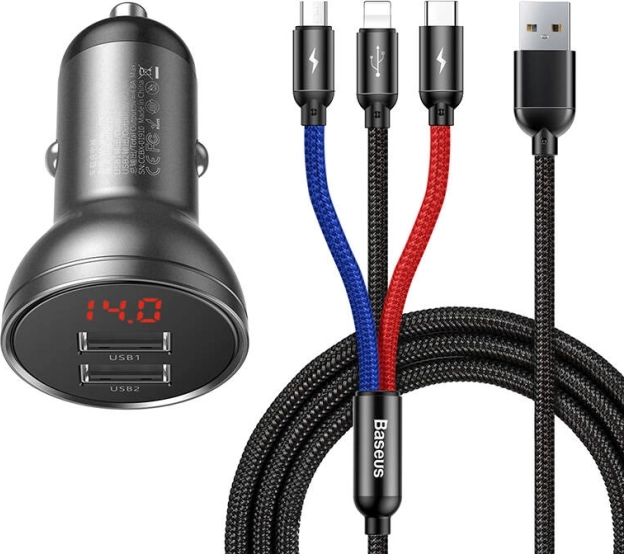 Chargeur de Voiture Baseus avec Écran et Câble USB 3en1 24W