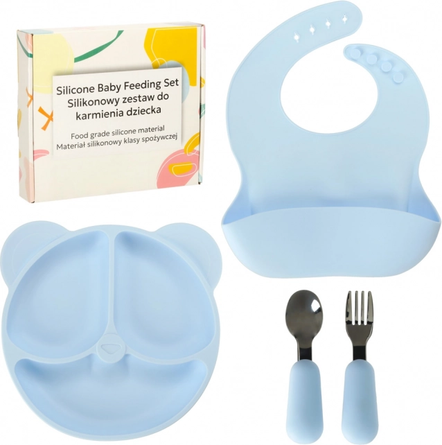 Siliconen kinderserviesset, 4-delig, beermotief, blauw