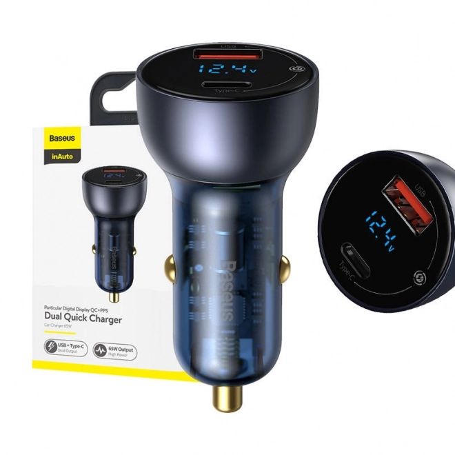 Baseus dual car charger with digital display, USB and USB-C, fast charging 65W