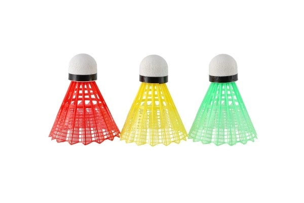 Shuttles/Kokers voor badminton kleurrijk plastic 3 stuks op kaart 11x21cm
