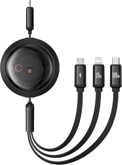 Retractable 3‑in‑1 charging cable BASEUS Free2Draw USB‑C/Lightning/Micro 100W, 1.1 m, black