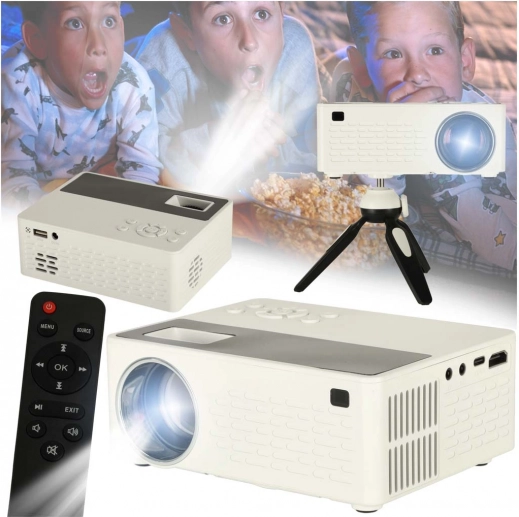 Tragbarer LED-Projektor 1080p mit TFT-LCD und Stativ, weiß