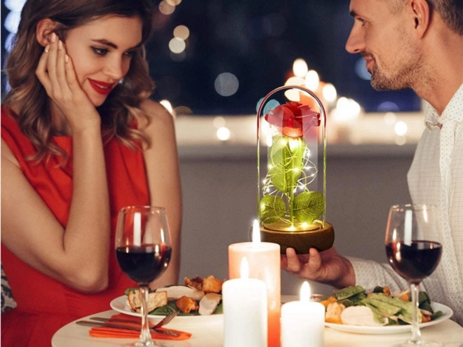 Ewige rote Rose im Glas mit LED-Licht als Geschenk für Frauen