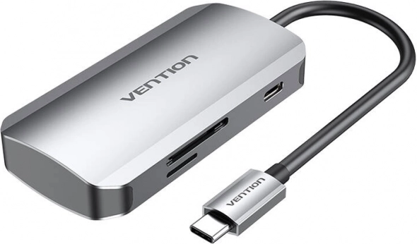 Station d’accueil USB‑C 3× USB 3.0 avec lecteur SD/TF et alimentation PD 100 W Vention, gris