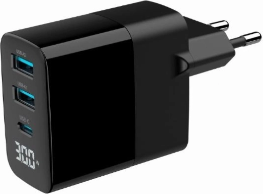 GaN netlader 30 W met LCD, 2× USB‑A en 1× USB‑C, snel laden PD/QC 3.0, zwart