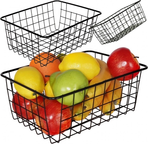 Metal wire kitchen basket for fruit, black, large