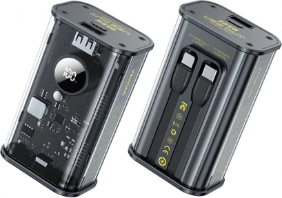 Powerbank 10000 mAh met snelladen, ingebouwde USB‑C- en Lightning‑kabel, PD 20 W + QC 22,5 W, zwart