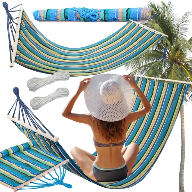 Garden hammock with wooden spreader bar 200 × 80 cm, striped, load capacity 150 kg