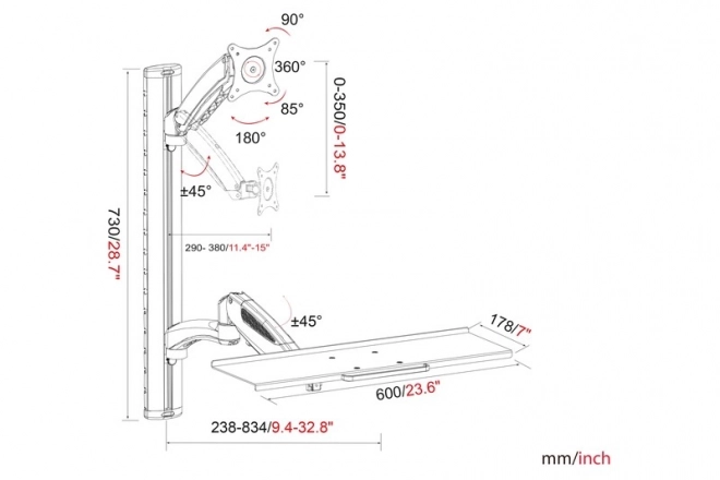Bras mural pour moniteur et clavier, max. 27", max. 8kg, pivotant à 360°