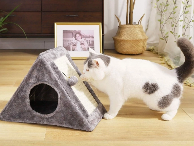 Driehoekig krabmeubel en huis voor katten met balletje
