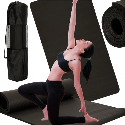 Thick fitness and yoga mat 185 × 83 × 1.5 cm black with case