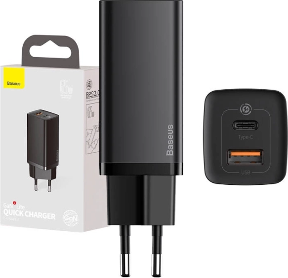 Snelle reisoplader BASEUS GaN Lite 65W, USB‑C + USB, zwart