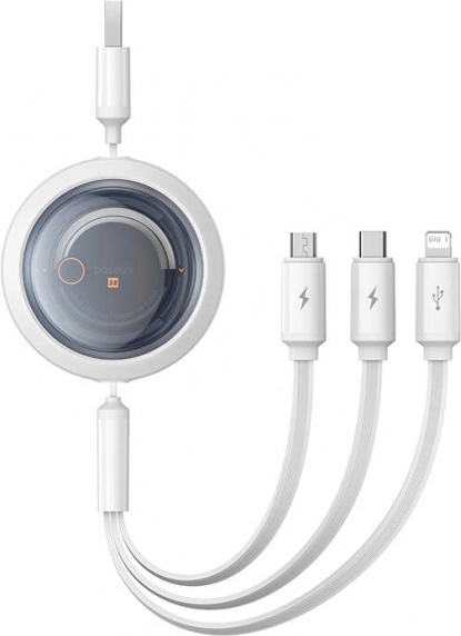uittrekbare oplaadkabel 3‑in‑1 BASEUS Free2Draw USB‑A naar USB‑C, Lightning en micro‑USB, 3,5 A, 1,1 m wit