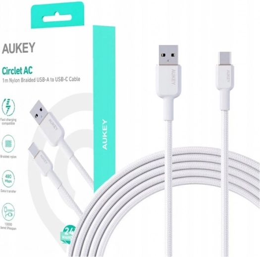 Aukey USB‑C auf USB‑A Kabel 1 m 60 W PD mit Nylongeflecht weiß