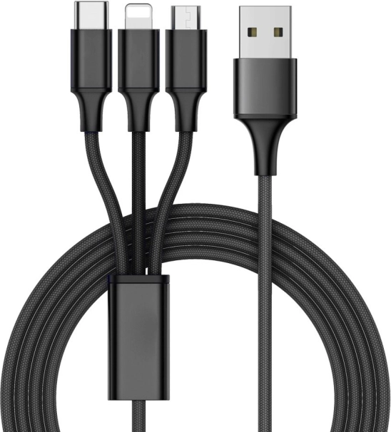 Câble de charge universel 3‑en‑1 avec connecteurs Lightning, Micro USB et USB‑C 1,2 m – noir