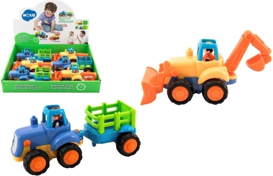 Tractor with Trailer/Bulldozer plastic 16 cm for toddlers with pull-back 6 pcs in box 18m+
