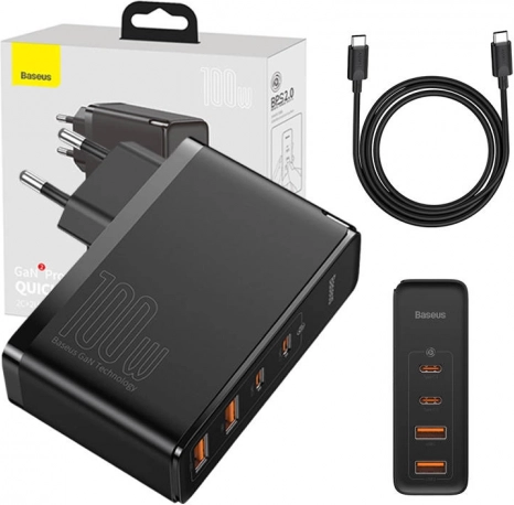 Reislader Baseus GaN2 Pro Quick 100W, 2× USB‑C + 2× USB, EU – zwart