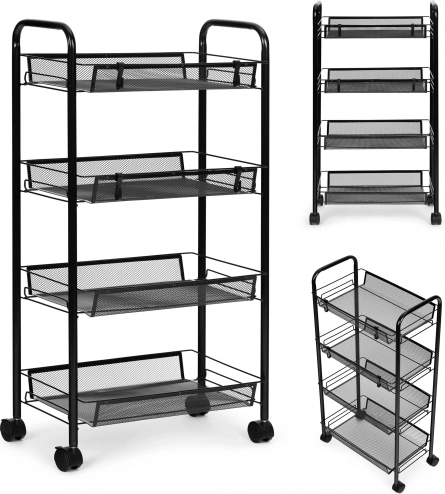Zwarte metalen plankorganizer voor keuken of badkamer, 4 planken met wieltjes, ModernHome